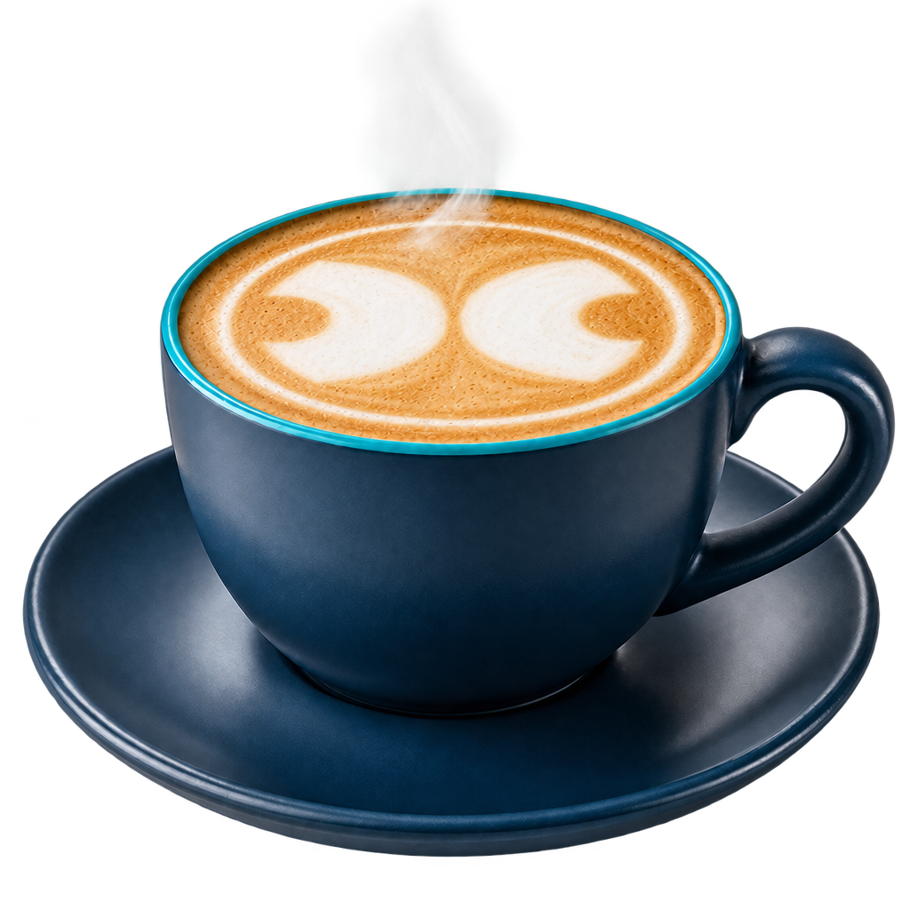 Dampende kop koffie met het BabOnline-logo als latte art in het schuim — tijd voor een vrijblijvende babbel